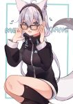  1girl adjusting_eyewear ahoge animal_ear_fluff animal_ears ao_kotoha black_hairband black_hoodie black_socks blush braid commentary_request earrings extra_ears fox_ears fox_girl fox_tail glasses green_eyes hair_between_eyes hairband highres hololive hood hoodie jewelry long_hair looking_at_viewer low_twintails open_mouth pentagram shirakami_fubuki shirakami_fubuki_(7th_costume) sidelocks single_braid socks solo squatting tail twintails virtual_youtuber white_hair 