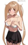  1girl black_skirt bra breasts collarbone hands_on_own_chest highres kantai_collection large_breasts light_brown_hair murasame_(kancolle) navel one-hour_drawing_challenge pleated_skirt red_eyes simple_background skirt solo twintails twitter_username underwear white_background white_bra yamano_rita 