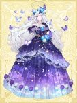  1girl beads black_gloves blue_butterfly blue_flower blue_rose breasts bug butterfly celestia_lumiere chain_paradox cleavage cloud_print crescent crescent_earrings crescent_print diamond_hair_ornament dress dress_flower earrings flower frilled_dress frills full_body gloves gown gradient_dress grey_hair hair_flower hair_ornament hand_on_own_chest hands_up jewelry leaf looking_at_viewer mismatched_earrings necklace off-shoulder_dress off_shoulder parted_lips purple_dress purple_eyes purple_flower purple_rose rose shichimi short_sleeves sidelocks smile solo sparkle standing star_(symbol) star_earrings star_necklace star_print starry_sky_print swept_bangs two_side_up wavy_hair white_flower white_rose yellow_background 