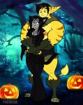 anthro bell_bottoms big_muscles big_pecs black_clothing black_hair black_tail bottomwear canid canine clothed clothing costume curvy_figure domestic_cat ecs embrace fan_character felid feline felis food fruit fur goth grey_body grey_fur hair halloween hi_res holidays hotpants hug hugging_from_behind jack-o&#039;-lantern kai_(ratchetjak) lombax male male/male mammal markings muscular muscular_arms nipples pants pecs plant pumpkin ratchet_and_clank ratchetjak romantic romantic_couple shorts size_difference sony_corporation sony_interactive_entertainment spike_(ratchetjak) spiky_hair striped_body striped_markings stripes tail thick_thighs vampire vampire_costume were werecanid werecanine werewolf werewolf_costume yellow_body yellow_fur