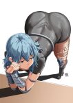  1girl armor artist_logo ass ass_focus automatic_giraffe bent_over blue_eyes blue_hair breasts byleth_(female)_(fire_emblem) byleth_(fire_emblem) closed_mouth elbows_on_table expressionless fire_emblem fire_emblem:_three_houses hair_between_eyes high_heels highres long_hair looking_back medium_hair own_hands_clasped own_hands_together pantyhose patterned_legwear print_pantyhose shadow skin_tight solo vambraces white_background 