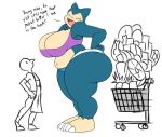 anthro barefoot big_butt bottomwear breasts butt clothing cutoffs daisy_dukes denim denim_bottomwear denim_clothing dialogue feet female generation_1_pokemon hi_res hotpants male male/female nintendo plantigrade pokemon pokemon_(species) shirt shopping_cart shorts simple_background sketch snorlax tank_top toe_clsws topwear zp92