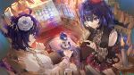  2girls bare_shoulders benghuai_xueyuan blue_eyes blue_hair book bracelet breasts bridal_gauntlets candle chair choker cleavage flower hair_flower hair_ornament hat head_chain honkai_(series) indoors jewelry mini_hat multiple_girls official_art seele_vollerei sitting third-party_source 