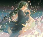  1other androgynous cangchen enkidu_(fate) falling_petals fate_(series) flower green_eyes green_hair holding holding_flower long_hair petals robe solo toga very_long_hair white_robe 