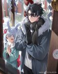  1boy 1girl absurdres animal_ears artist_name bell black_gloves black_hair black_scarf blue_hair blue_jacket blurry blurry_background blush bow box breath bush closed_eyes closed_mouth commentary_request crossed_bangs day donation_box earrings english_commentary fur-trimmed_jacket fur-trimmed_kimono fur_trim genshin_impact gloves green_kimono grey_hair hair_between_eyes hair_ornament hands_up highres jacket japanese_clothes jewelry jingle_bell kimono kouhaku_nawa light_particles long_sleeves low_twintails medium_hair melusine_(genshin_impact) mixed-language_commentary multicolored_hair open_clothes open_jacket outdoors own_hands_together parted_bangs pixiv_id pom_pom_(clothes) pom_pom_hair_ornament praying purple_eyes red_bow rope scar scar_on_cheek scar_on_face scarf shide shimenawa shirt short_hair short_twintails sidelocks sigewinne_(genshin_impact) smile solcha standing sticker streaked_hair stud_earrings twintails twitter_username u_u white_shirt wide_sleeves wriothesley_(genshin_impact) 