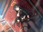  1girl alley black_hair blue_eyes bodysuit bow breasts brick_wall building choker cleavage closed_mouth day fingerless_gloves garter_straps gloves graffiti gun hair_bow halo holding holding_gun holding_weapon jacket kunai large_breasts leaning_on_object leather leather_jacket long_hair midriff navel non-web_source official_art pantyhose ryouki_(senran_kagura) senran_kagura senran_kagura_new_link serious shotgun skirt weapon wire zipper 