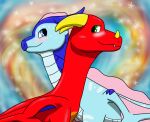 &lt;3 anemone_(wof) blue_body blush dragon duo erebus_(sacreddigital) eye_contact female feral hi_res horn looking_at_another male red_body romantic romantic_couple sacreddigital scalie seawing_(wof) star western_dragon wings wings_of_fire