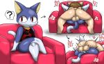&lt;3 anal anal_penetration animal_crossing anthro balls biped blue_body bodily_fluids bottomless clothed clothing cum cum_in_ass cum_inside domestic_cat duo enigi09 felid feline felis from_front_position genital_fluids genitals hi_res human male male/male mammal mating_press nintendo penetration penile penile_penetration red_eyes rover_(animal_crossing) sex smile