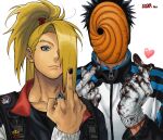  2boys alternate_costume badge bag_charm black_hair black_nails blonde_hair blood blood_on_gloves blood_on_hands button_badge cameo charm_(object) commentary covered_face deidara_(naruto) double_finger_heart facing_viewer finger_heart gloves grey_eyes hair_over_one_eye hand_up hands_up heart highres jewelry long_hair long_sleeves looking_at_viewer male_focus mask middle_finger multiple_boys naruto_(series) naruto_shippuuden one_eye_covered ponytail ring simple_background sonic_(series) sonic_the_hedgehog symbol-only_commentary tobi_(naruto) topknot umkaqryi upper_body white_background white_gloves zipper 