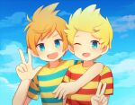  0mzum1 2boys :d ;d aqua_shirt arm_around_shoulder blonde_hair blue_eyes blue_sky blush brothers claus_(mother_3) cloud commentary_request day fang hand_up looking_at_viewer lucas_(mother_3) male_focus mother_(game) mother_3 multiple_boys one_eye_closed open_mouth orange_hair outdoors parted_bangs quiff red_shirt shirt short_hair short_sleeves siblings sky smile striped_clothes striped_shirt t-shirt two-tone_shirt upper_body v v-shaped_eyebrows w yellow_shirt 
