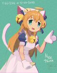  1girl absurdres ahoge animal_ears apron bell blue_eyes breasts cat_ears cat_tail chibi chibi_inset chito_(shoujo_shuumatsu_ryokou) chromatic_aberration commentary cosplay dated dejiko dejiko_(cosplay) di_gi_charat fake_animal_ears fake_tail film_grain gloves hair_bell hair_ornament highres holding jingle_bell maid_apron nyztsune orange_hair shoujo_shuumatsu_ryokou signature small_breasts solo_focus tail white_apron white_gloves yuuri_(shoujo_shuumatsu_ryokou) 