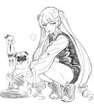  2girls blush cross-laced_footwear dog glaring greyscale highres long_hair long_sleeves monochrome multiple_girls open_mouth original paw_print pug shar_pei shoes short_hair sneakers solo_focus speech_bubble squatting teeth tetori_rina twintails upper_teeth_only very_long_hair 
