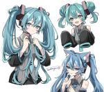  3girls :d animal_ear_fluff animal_ears aqua_eyes aqua_hair bare_shoulders black_skirt black_sleeves blue_eyes blue_hair blue_nails blue_necktie blush cat_ears closed_mouth collared_shirt cropped_torso detached_sleeves dot_nose double_bun frilled_shirt frills grey_shirt grin hair_between_eyes hair_bun hair_ornament hatsune_miku headset highres holding_own_hair kemonomimi_mode light_frown long_hair long_sleeves looking_at_viewer microphone multiple_girls multiple_persona naguno-0713 nail_polish necktie number_tattoo open_mouth pleated_skirt shirt short_twintails sidelocks signature simple_background skirt sleeveless sleeveless_shirt sleeves_past_fingers sleeves_past_wrists smile tattoo teeth twintails very_long_hair vocaloid white_background 