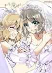  bare_shoulders black_hair blush breasts bridal_veil bride brown_hair cleavage commentary_request dress green_eyes highres kanna_(plum) kohinata_miku senki_zesshou_symphogear short_hair tachibana_hibiki_(symphogear) veil wedding wedding_dress white_dress wife_and_wife 