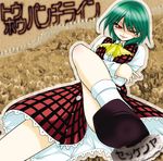  artist_request ascot crossed_arms green_hair kazami_yuuka loafers naughty_face perspective plaid plaid_skirt plaid_vest red_eyes shoes short_hair sitting skirt skirt_set solo touhou vest 