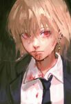  1boy 637_00e_seran black_background black_jacket black_necktie blonde_hair blood blood_on_clothes blood_on_face closed_mouth collared_shirt earrings hunter_x_hunter jacket jewelry kurapika looking_at_viewer male_focus necktie red_eyes shirt short_hair solo suit upper_body white_shirt 