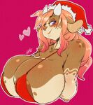 &lt;3 2023 anthro areola areola_slip big_breasts bovid bovine breasts brown_body brown_fur bust_portrait cattle chalo christmas christmas_clothing christmas_headwear clothed clothing english_text eyebrows female fur hair hat headgear headwear hi_res holidays horn huge_breasts long_hair mammal portrait purple_eyes santa_hat signature solo text white_body white_fur
