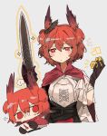  ! 1girl arknights black_gloves blush breasts cape chibi fiammetta_(arknights) gloves highres medium_breasts odmised red_eyes red_hair simple_background solo upper_body white_background 