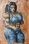 abs anthro biceps canid canine clothing dixxbedru female fox gym_clothing hair hi_res long_hair mammal muscular muscular_anthro muscular_female oil_painting_(artwork) painting_(artwork) seductive shirt simple_background solo tank_top teasing topwear traditional_media_(artwork)