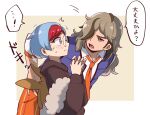  1boy 1girl arven_(pokemon) black_hoodie blue_hair blush brown_hair glasses grey_eyes hair_over_one_eye highres hood hoodie light_brown_hair long_hair multicolored_hair naranja_academy_school_uniform necktie open_clothes open_mouth open_vest orange_necktie penny_(pokemon) pokemon pokemon_sv red_hair round_eyewear school_uniform shinanan_(s7nnr) shirt short_hair speech_bubble two-tone_hair vest 