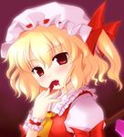  blonde_hair blood blood_on_fingers face flandre_scarlet hat mob_cap red_eyes short_hair solo tilm touhou white_hat wings 