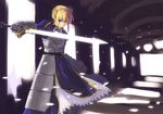  ahoge armor armored_dress artoria_pendragon_(all) blonde_hair caliburn dress fate/stay_night fate_(series) faulds gauntlets green_eyes refeia saber solo sword weapon 