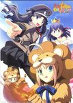  artoria_pendragon_(all) black_hair blonde_hair blue_eyes chibi crown fate/stay_night fate/tiger_colosseum fate_(series) food green_eyes matou_sakura multiple_girls pantyhose purple_eyes purple_hair saber saber_lion takeuchi_takashi toosaka_rin two_side_up uniform 