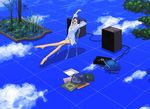  blue chair cloud copyright_request kawamura_rukanan naked_shirt plant plantar_flexion shirt solo speaker stretch 