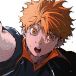  1boy black_shirt haikyuu!! hair_between_eyes highres hinata_shouyou karasuno_volleyball_uniform looking_at_viewer male_focus multiple_boys open_mouth orange_eyes orange_hair outstretched_arm portrait reaching reaching_towards_viewer ringed_eyes shirt short_hair short_sleeves simple_background solo spiked_hair sportswear sweat umkaqryi volleyball_uniform white_background 