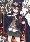  belt boogiepop boogiepop_(character) brown_eyes brown_hair cloak hat mizuki_makoto pleated_skirt short_hair skirt solo wire yin_yang 