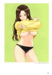  areolae breasts brown_hair copyright_request happoubi_jin highres large_breasts long_hair midriff no_pants panties scan shirt_lift solo sweat sweater turtleneck underboob underwear undressing 