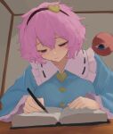  1girl absurdres blue_eyes book closed_mouth commentary_request half-closed_eyes heart highres holding holding_pencil komeiji_satori long_sleeves looking_at_viewer moriforest1040 pencil pink_hair short_hair smile solo third_eye touhou upper_body 