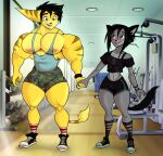 anthro barazoku big_muscles big_pecs black_clothing black_hair bottomwear camo camo_bottomwear camo_clothing camo_print chuck_taylor_all_stars clothed clothing converse couple crop_top curvy_figure date domestic_cat duo fan_character felid feline felis footwear fur girly goth grey_body grey_fur gym gym_clothing hair hand_holding hi_res hotpants kai_(ratchetjak) knee_highs knee_socks legwear lombax love male male/male mammal markings muscular muscular_male nipples pattern_bottomwear pattern_clothing pecs ratchet_and_clank ratchetjak romantic romantic_couple shirt shoes shorts size_difference skimpy sneakers socks sony_corporation sony_interactive_entertainment spike_(ratchetjak) striped_body striped_fur striped_markings stripes tank_top thick_thighs topwear wristband yellow_body yellow_fur