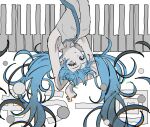  1girl armpits arms_behind_head blue_eyes blue_hair blue_necktie collared_shirt falling floating_hair floating_neckwear grey_shirt halftone hatsune_miku highres inu_totemo long_hair looking_at_viewer necktie piano_keys rolling_girl_(vocaloid) shirt sidelocks simple_background sleeveless sleeveless_shirt solo upper_body upside-down very_long_hair vocaloid white_background 