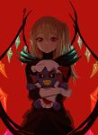  2girls commentary cosplay costume_switch crystal_wings english_commentary fins flandre_scarlet hat head_fins highres himuhino mob_cap multiple_girls pointy_ears red_background red_eyes sharp_teeth simple_background teeth touhou undertale undyne_the_undying white_headwear 