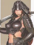  ;) armor blush breastplate breasts brown_eyes brown_hair chainmail covered_nipples crop_top eyelashes faulds full_armor gloves hand_on_hip helmet impossible_clothes japanese_armor kabuto kote large_breasts lips lipstick looking_at_viewer makeup midriff naked_armor navel one_eye_closed original profile samurai scan shikoro short_hair shoulder_armor simple_background smile solo spaulders sword tsukasa_jun upper_body weapon 