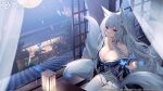  1girl absurdres animal_ears azur_lane bare_shoulders blue_butterfly blue_eyes blue_kimono breasts bug building butterfly cleavage commentary_request curtains fox_ears fox_girl fox_tail hair_ornament highres japanese_clothes kimono lantern large_breasts long_hair long_sleeves looking_at_viewer manjuu_(azur_lane) multiple_tails off_shoulder official_art sagiri_(ulpha220) second-party_source see-through shinano_(azur_lane) sidelocks sitting skirt solo tail thighhighs thighs tile_roof white_hair white_skirt white_tail white_thighhighs wide_sleeves 