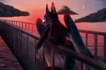 2022 animal_ears anthro arati arativulpes avian bird clothing cloud digital_media_(artwork) feathered_wings feathers female fexneel_(character) fexneel_denisse fluffy_ears fur hi_res mammal moon outside railing sky snout solo water watermark wings