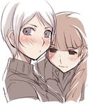  alister_agrew artist_request blush braid breasts brown_eyes brown_hair closed_mouth frown hair_over_shoulder hug large_breasts last_exile lowres multiple_girls purple_eyes single_braid sweater tatiana_wisla upper_body uppercut wavy_mouth yuri 