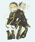  1boy 1girl black_dress black_footwear black_jacket blonde_hair blush cosplay don_quixote_(project_moon) dress highres jacket kagamine_len kagamine_len_(cosplay) kagamine_rin kagamine_rin_(cosplay) limbus_company long_sleeves looking_at_viewer meijiichigo open_mouth project_moon short_hair sinclair_(project_moon) smile vocaloid_boxart_pose yellow_eyes 