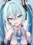  1girl :d bare_shoulders black_sleeves blue_eyes blue_hair blue_nails blue_necktie breasts collared_shirt detached_sleeves fang frilled_shirt frills grey_shirt hair_intakes hair_ornament hand_on_headwear hatsune_miku head_tilt headset highres long_hair long_sleeves looking_at_viewer medium_breasts microphone naguno-0713 nail_polish necktie number_tattoo open_mouth shirt sidelocks signature sleeveless sleeveless_shirt smile solo tattoo teeth twintails vocaloid wing_collar 