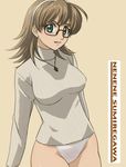  beige_background brown-framed_eyewear brown_hair character_name covered_nipples glasses green_eyes grey_sweater hairband haruyama_kazunori jewelry looking_at_viewer no_pants panties parted_lips pendant r.o.d_the_tv read_or_die simple_background smile solo sumiregawa_nenene sweater turtleneck underwear white_hairband white_panties 