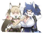  2girls animal_ears bare_shoulders belt blue_hair breasts camouflage cat_ears cat_girl cat_tail cleavage dire_wolf_(kemono_friends) elbow_gloves extra_ears fingerless_gloves gloves grey_eyes grey_hair huge_breasts jacket jungle_cat_(kemono_friends) kemono_friends kemono_friends_v_project large_breasts long_hair microphone multiple_girls ribbon shirt simple_background skirt tail twintails virtual_youtuber wolf_ears wolf_girl wolf_tail yoshida_hideyuki 