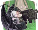  1girl arknights character_request fim-92_stinger hair_over_one_eye heart jacket lizard_tail pointy_ears reptile_girl rocket_launcher solo sparkle taiiiyakiii tail tail_wagging weapon white_hair 