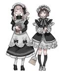  1girl 1other :d :o akiyama_mizuki apron black_bow black_bowtie black_footwear black_shirt black_skirt black_socks bow bowtie broom brown_eyes brown_hair center_frills closed_eyes dot_nose facing_viewer frilled_apron frilled_shirt frilled_skirt frills full_body furrowed_brow grey_footwear grin hair_between_eyes hair_bow highres holding holding_broom holding_cloth inu_totemo juliet_sleeves kneehighs knees_apart_feet_together long_sleeves looking_at_another maid maid_headdress open_mouth pink_hair project_sekai puffy_long_sleeves puffy_sleeves shinonome_ena shirt shoes short_hair sidelocks sideways_glance simple_background skirt smile socks striped_bow striped_bowtie striped_clothes teeth white_apron white_background white_skirt white_socks wiping 