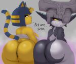 2024 absurd_res animal_crossing ankha_(animal_crossing) anthro arm_tuft armor ass_to_ass bandage bedroom_eyes big_breasts big_butt bite biting_lip biting_own_lip black_body black_eyes black_skin blue_body blue_ears blue_fur blue_hair blue_tail bottomless breasts butt clothed clothing dialogue digital_media_(artwork) domestic_cat duo egyptian english_text fangs felid feline felis female fur grey_background grey_body grey_skin hair half-closed_eyes headdress headgear headgear_only helmet helmet_only hi_res huge_butt humanoid humanoid_pointy_ears imp kierus looking_at_viewer looking_back looking_back_at_viewer mammal markings midna mostly_nude multicolored_body multicolored_fur multicolored_skin multicolored_tail narrowed_eyes nintendo open_mouth partially_clothed pink_tongue presenting presenting_hindquarters raised_tail rear_view red_eyes seductive short_stack side_boob simple_background smile standing striped_markings striped_tail stripes tail tail_markings take_your_pick talking_to_viewer teeth text the_legend_of_zelda thick_thighs tongue topless tuft twili twilight_princess uraeus wide_hips wraps yellow_body yellow_fur yellow_inner_ear yellow_sclera yellow_tail