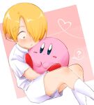  1boy ? aged_down blonde_hair blue_eyes blush colored_skin commentary confused curly_eyebrows feet_out_of_frame heart holding kirby kirby_(series) kurimaron nintendo one_eye_covered one_piece pants pink_background pink_skin sanji_(one_piece) shirt simple_background sitting socks thighhighs white_pants white_shirt white_socks white_thighhighs wide-eyed 