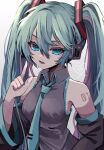  1girl bare_shoulders between_breasts black_sleeves blue_eyes blue_hair blue_necktie breasts collared_shirt detached_sleeves frilled_shirt frills grey_shirt hair_between_eyes hair_ornament hand_up hatsune_miku headset highres index_finger_raised large_breasts long_hair long_sleeves looking_at_viewer lower_teeth_only microphone multicolored_hair naguno-0713 necktie necktie_between_breasts number_tattoo open_mouth pink_hair shirt sidelocks sleeveless sleeveless_shirt solo streaked_hair tattoo teeth tie_clip twintails two-tone_hair upper_body v-shaped_eyebrows very_long_hair vocaloid wing_collar 