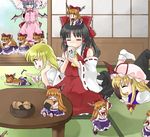  blonde_hair chibi coco_(artist) hakurei_reimu horns ibuki_suika kirisame_marisa minigirl multiple_girls remilia_scarlet touhou yakumo_yukari 