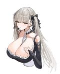  1girl azur_lane between_breasts black_dress blunt_bangs breasts cleavage clothing_cutout dress formidable_(azur_lane) frilled_dress frills grey_hair hand_on_own_chest horn/wood huge_breasts long_hair long_sleeves looking_at_viewer open_mouth red_eyes shoulder_cutout simple_background solo twintails upper_body white_background 